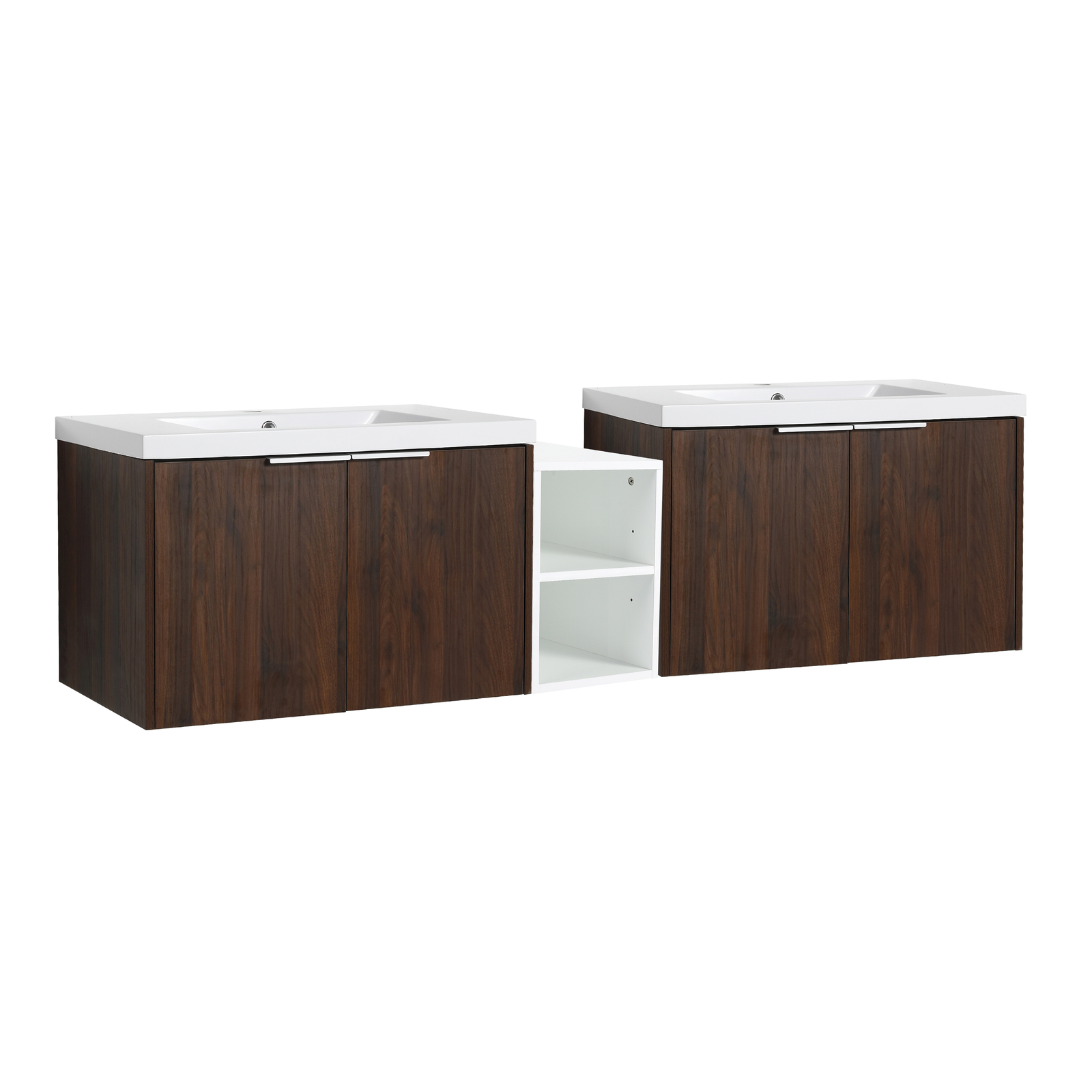 2X 30″ Bathroom Vanity Cabinet With Resin Sink +12″ Small Storage Shelves Walnut