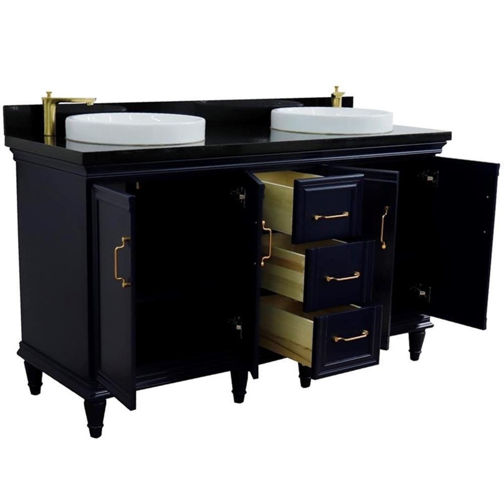 61 in. Double Wooden Vanity Blue Black Galaxy Granite Round Sink