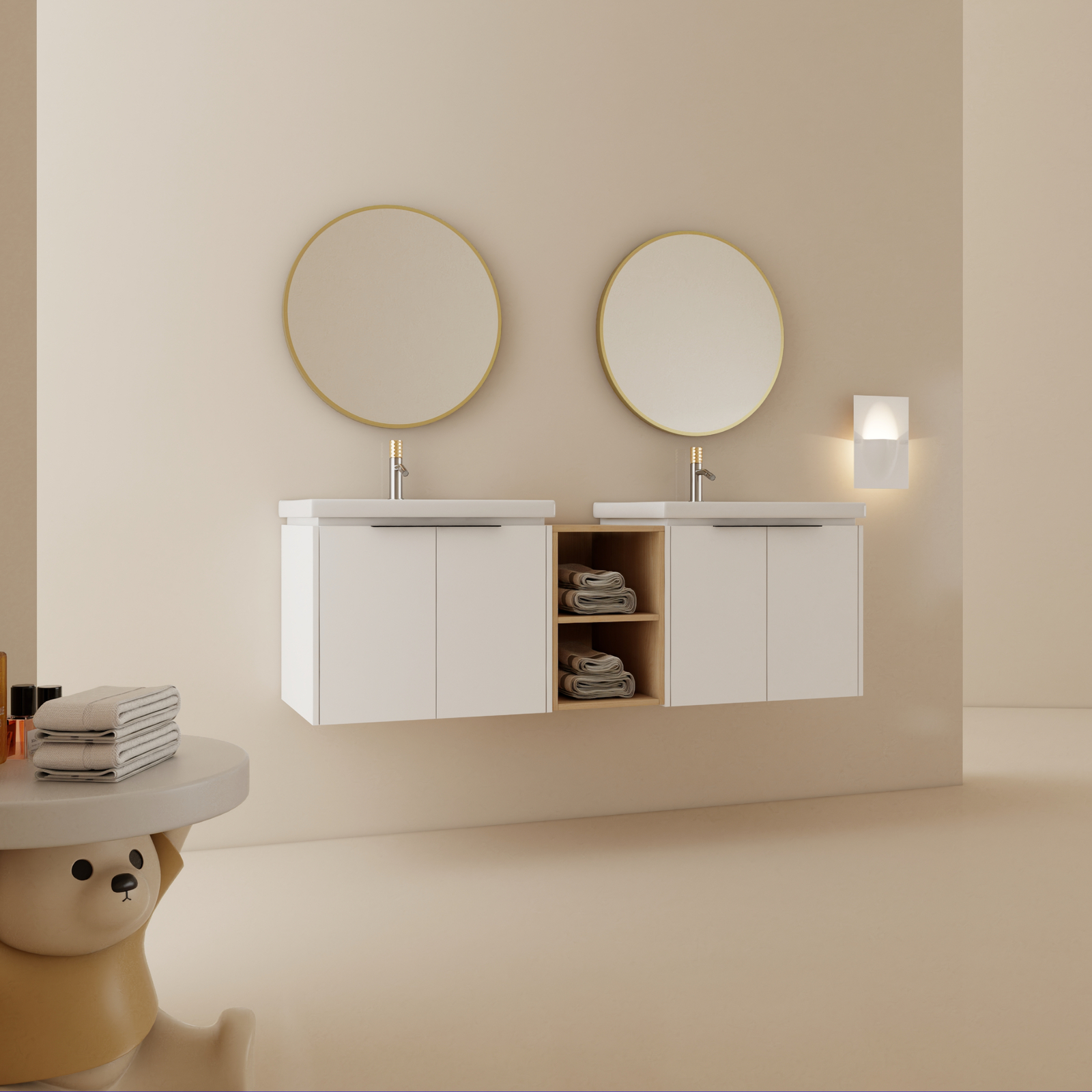 60″ Bathroom Vanity Double Ceramic Basin Wall Mounted Cabinet W/ Storage Shelves