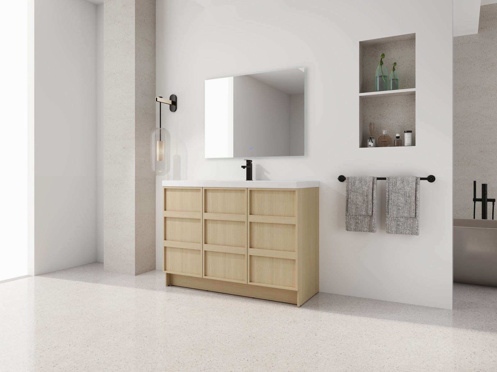 48 Inch Plywood Freestanding Bathroom Vanity Cabinet 3 Doors With Resin Sink Oak