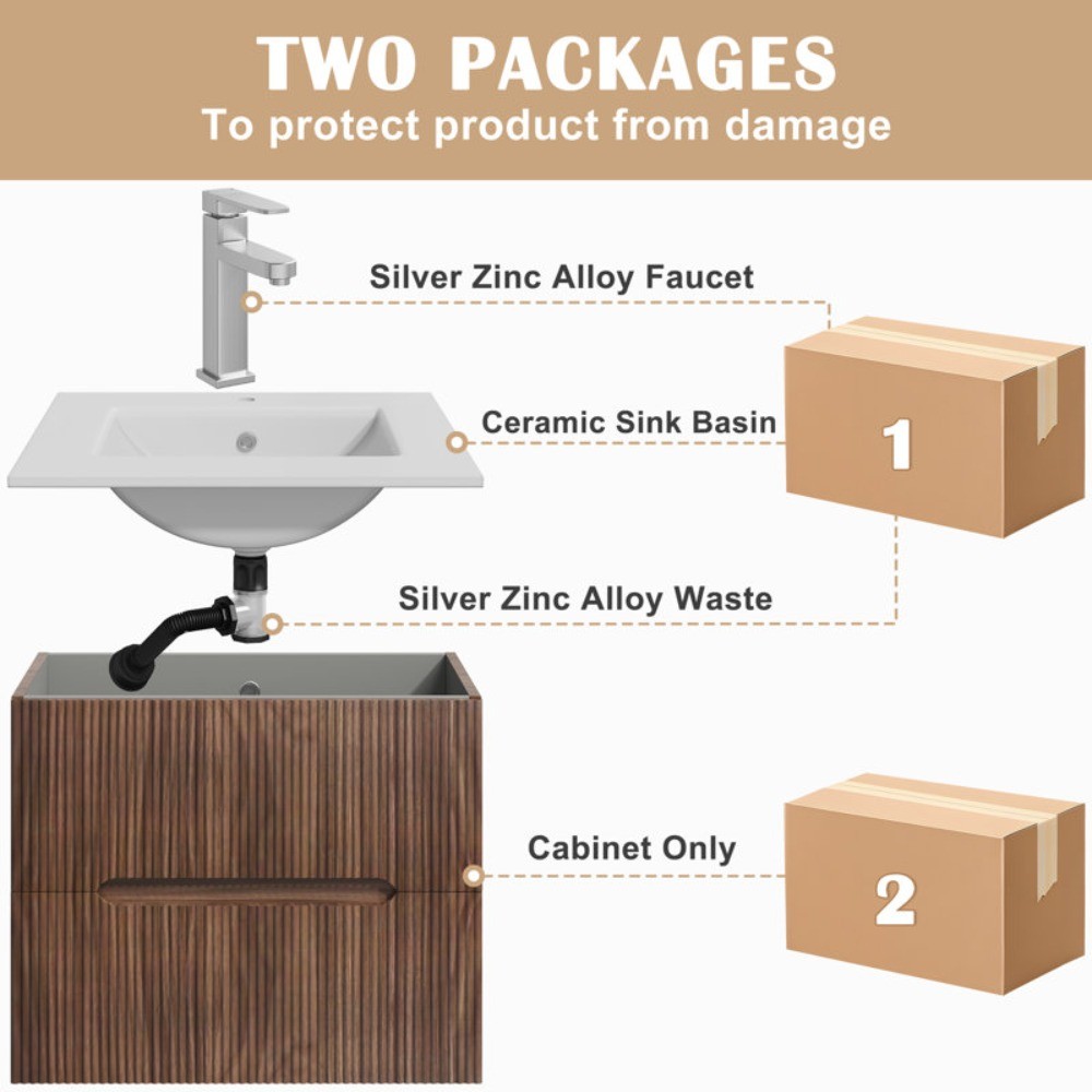 24″ Wall Mounted Single Bathroom Vanity with Ceramic Sink & Faucet, White/Oak