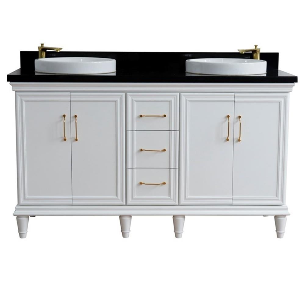 61 in. Double Wooden Vanity White Black Galaxy Granite Round Sink