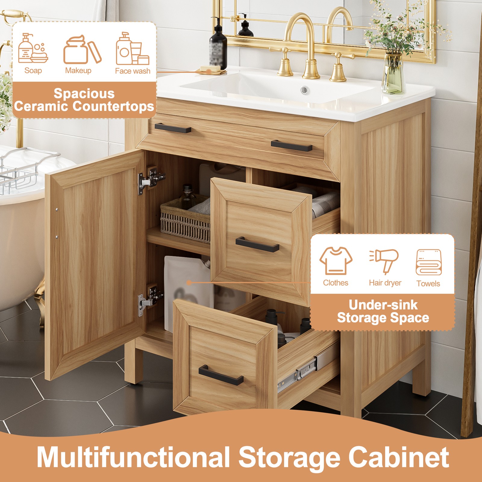 30″ Bathroom Vanity Solid Wood Frame W/Soft Close Door 2 Drawers Storage Cabinet