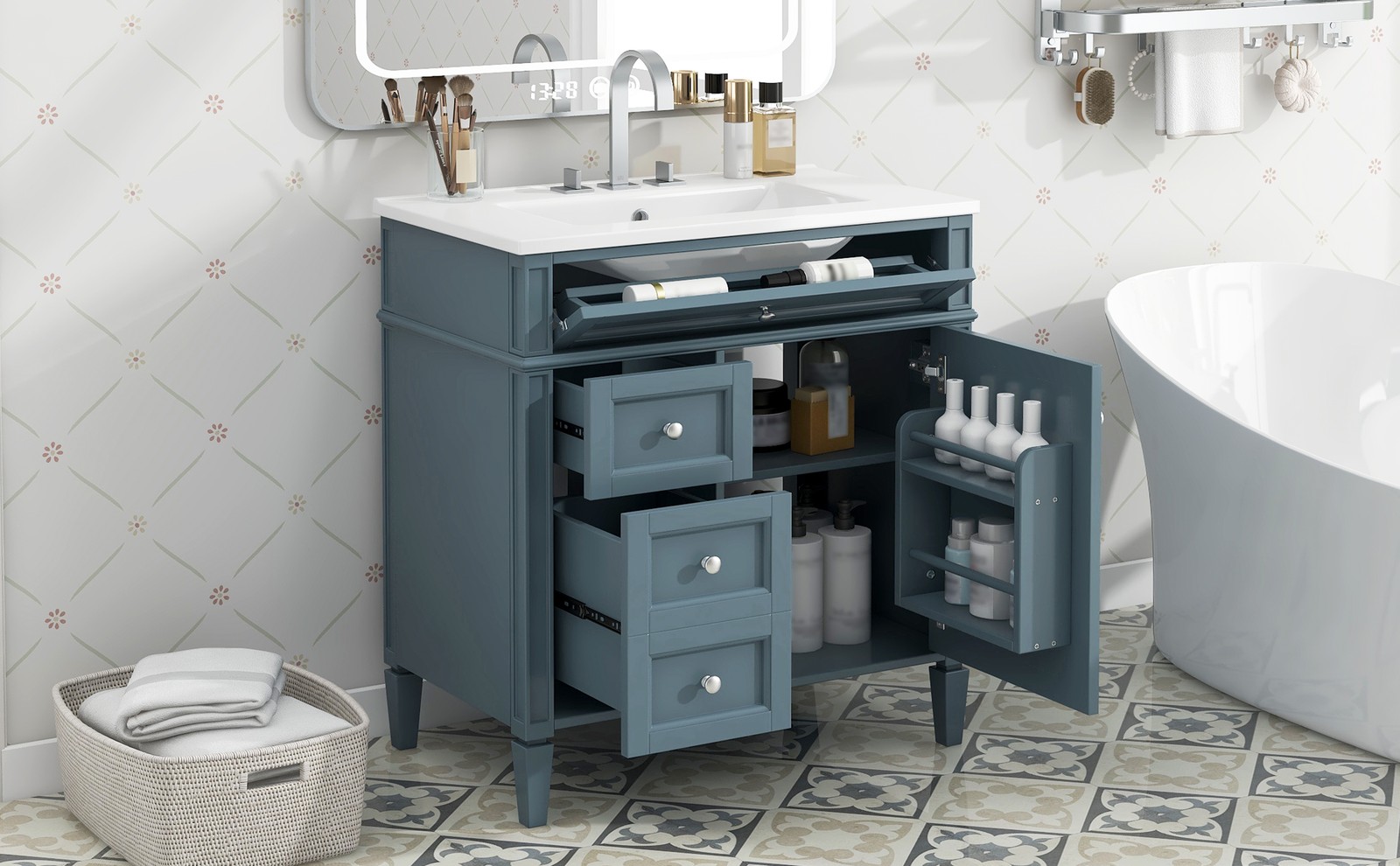 30″ Bathroom Vanity with Top Sink, 2 Drawers & Tip-Out Drawer