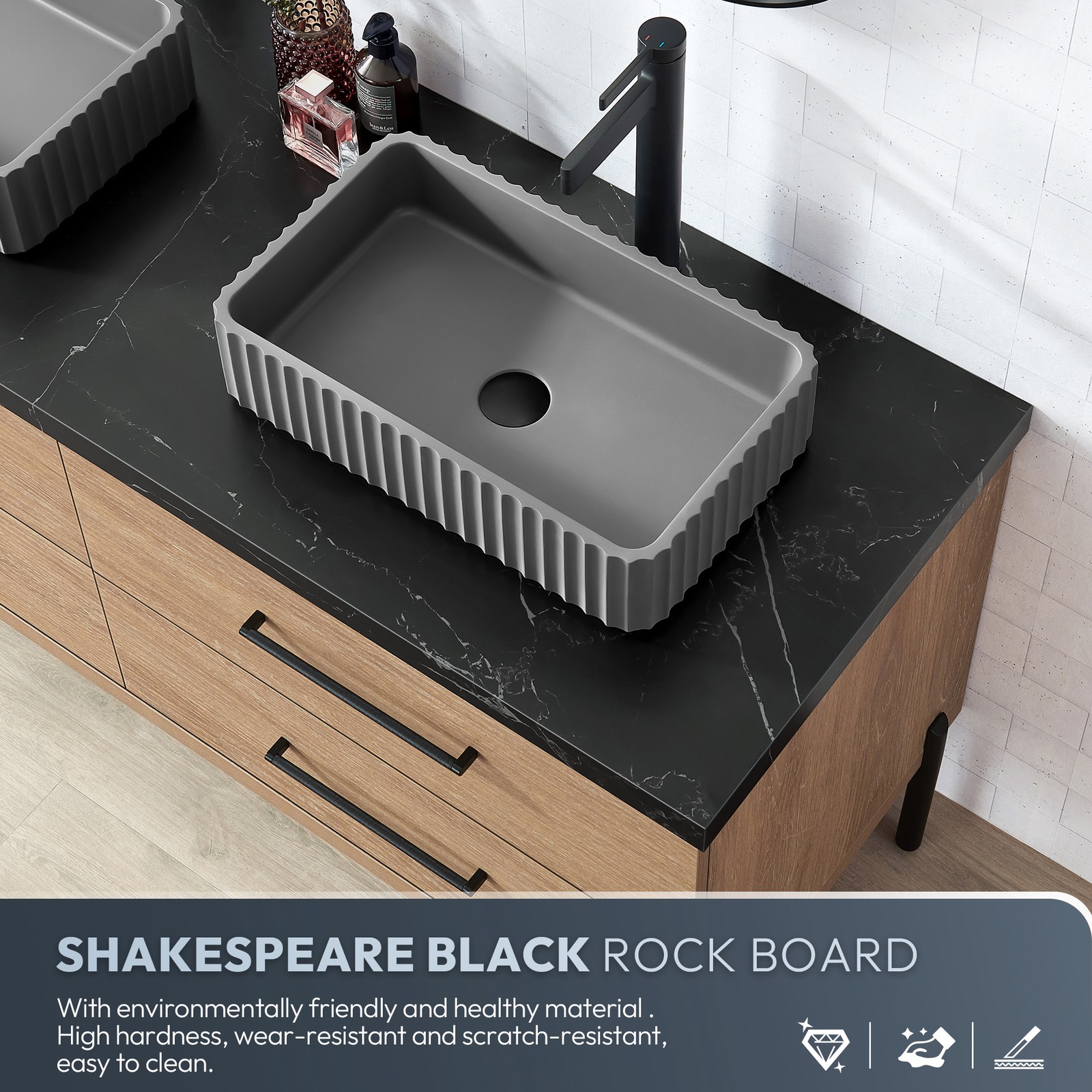 Trento 72″ Double Bath Vanity with Black Sintered Stone Top with Concrete Sink