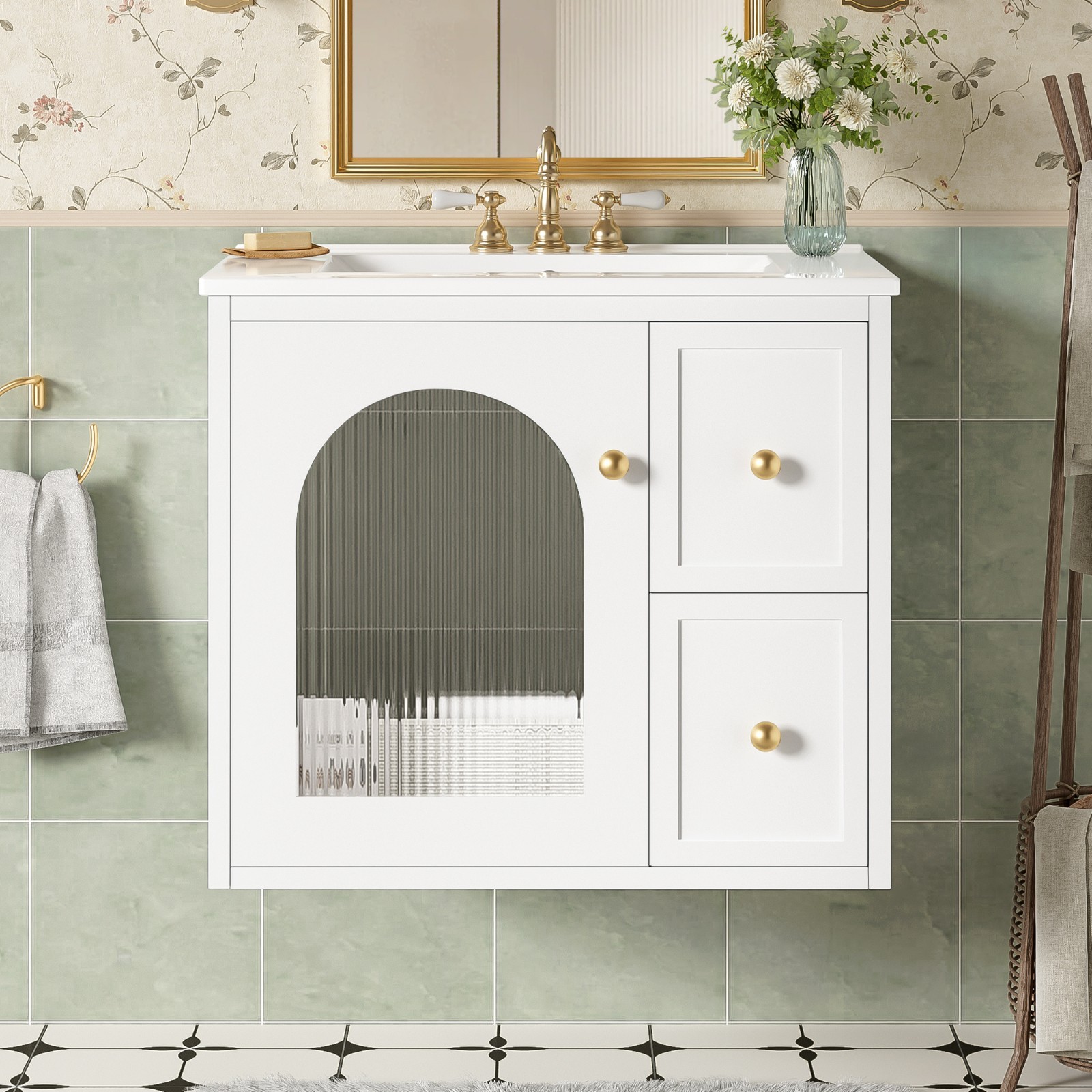 24″ Bathroom Vanity Set with Ceramic Sink Wall Mounted Bathroom Cabinet White
