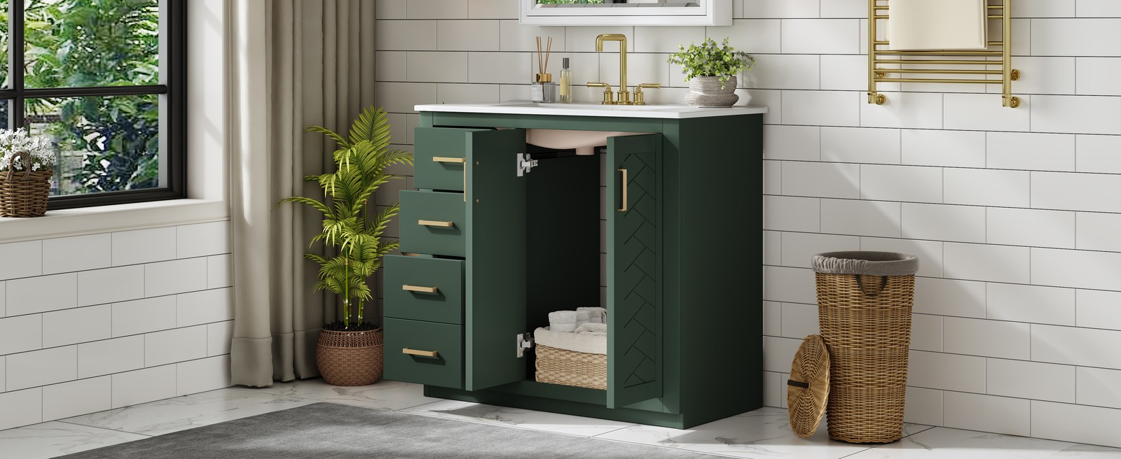 36″ Bathroom Vanity with Ceramic Sink, Solid Wood Frame, 3 Drawers