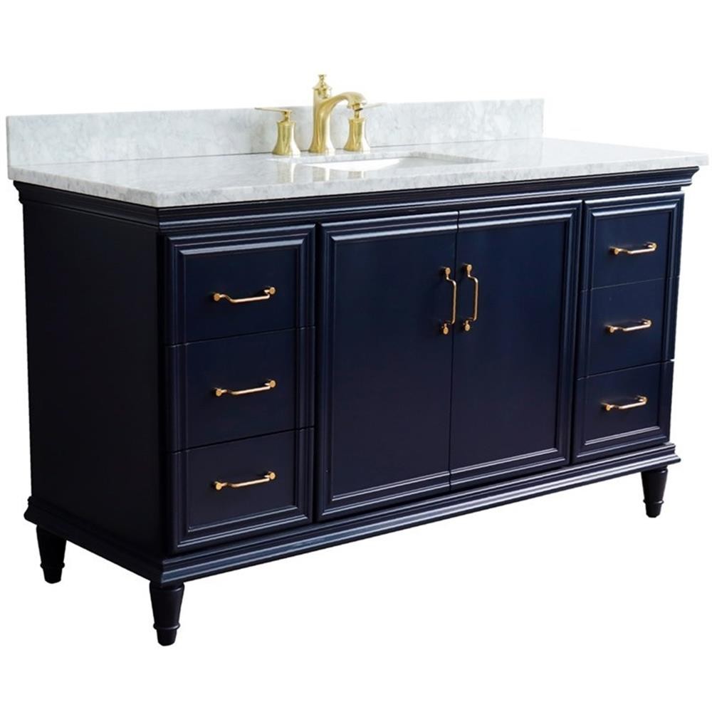 61 in. Single Wooden Vanity Blue White Carrara Marble Rectangle Sink