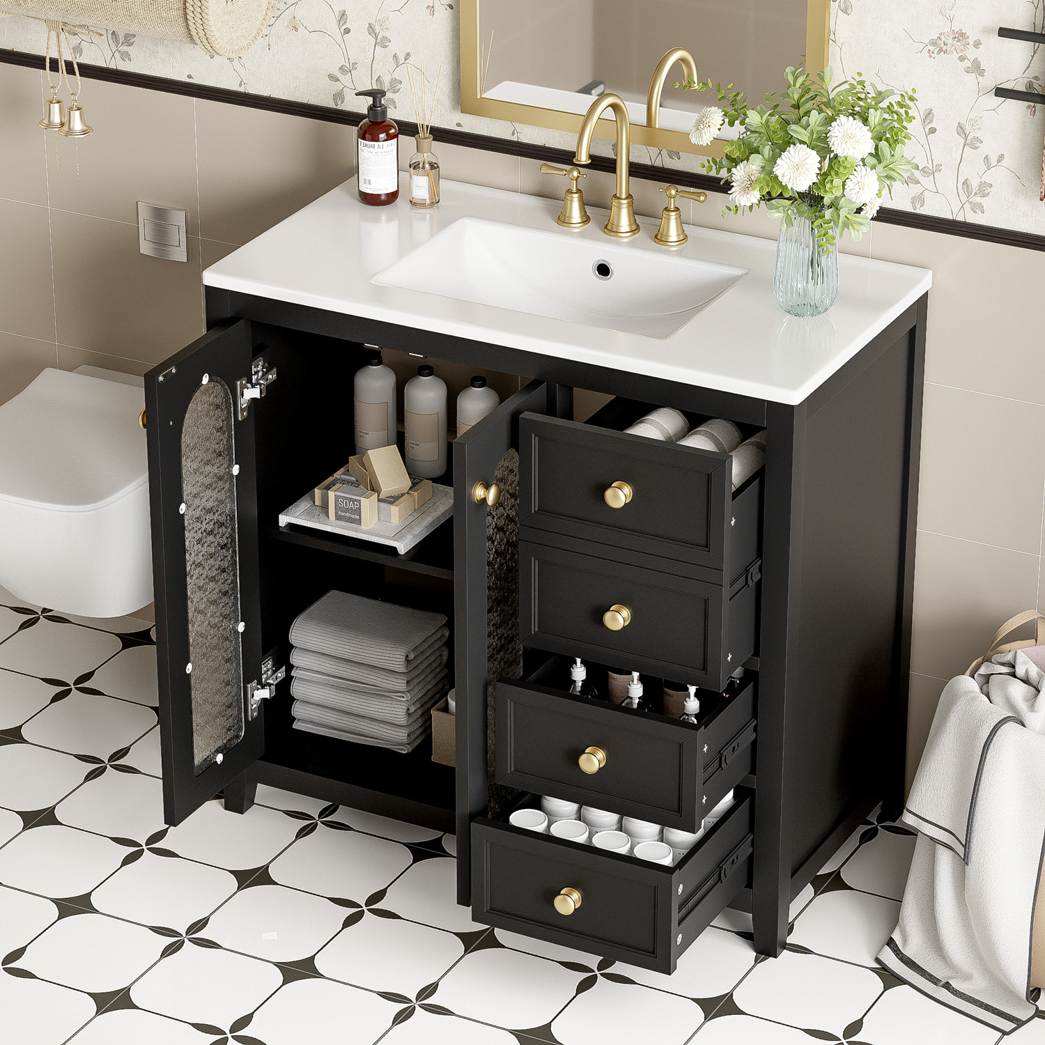 36” Bathroom Vanity w/Sink, Freestanding Bath Vanity Cabinet,3 Drawers, 2 Doors