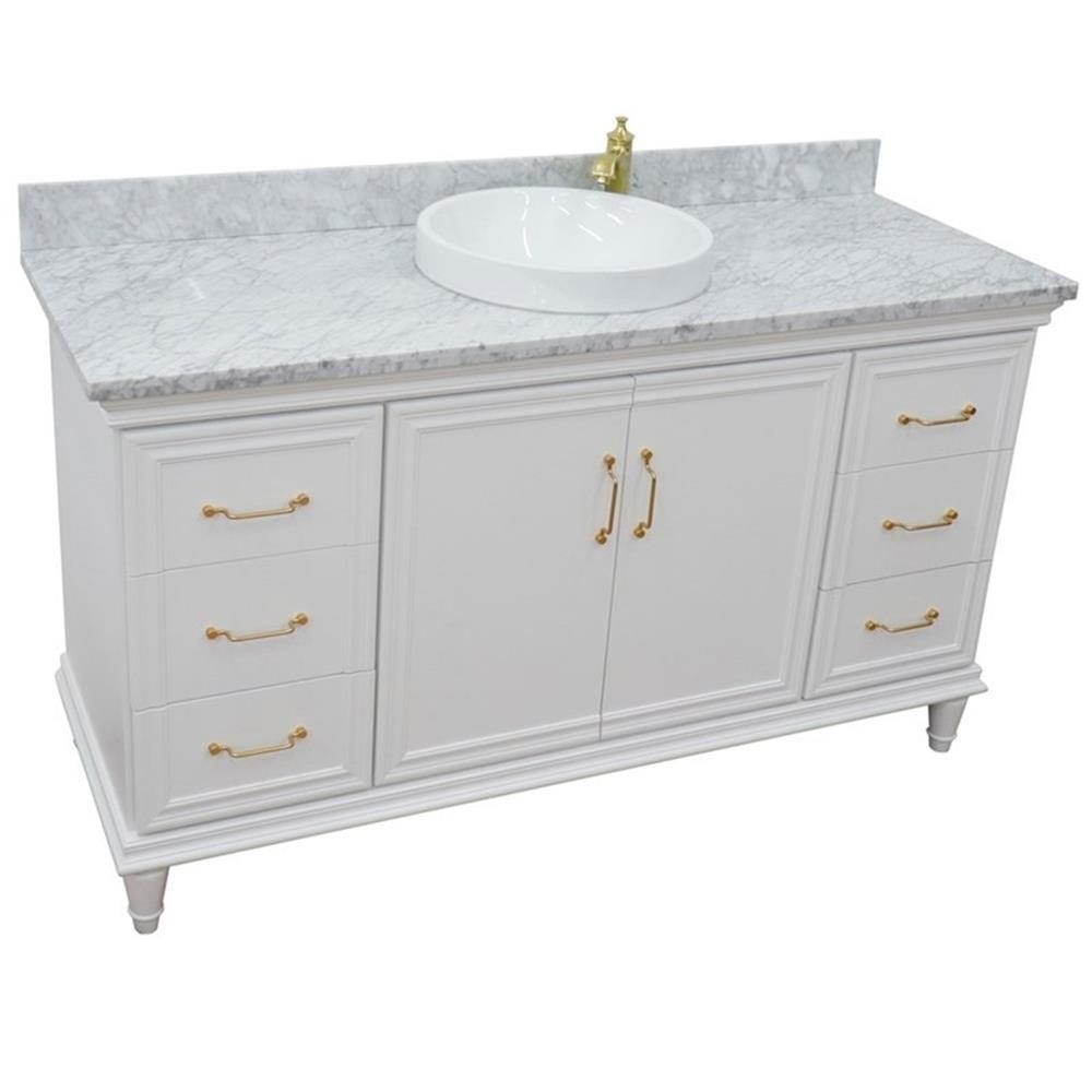61 in. Single Wooden Vanity White with White Carrara Rectangle Sink