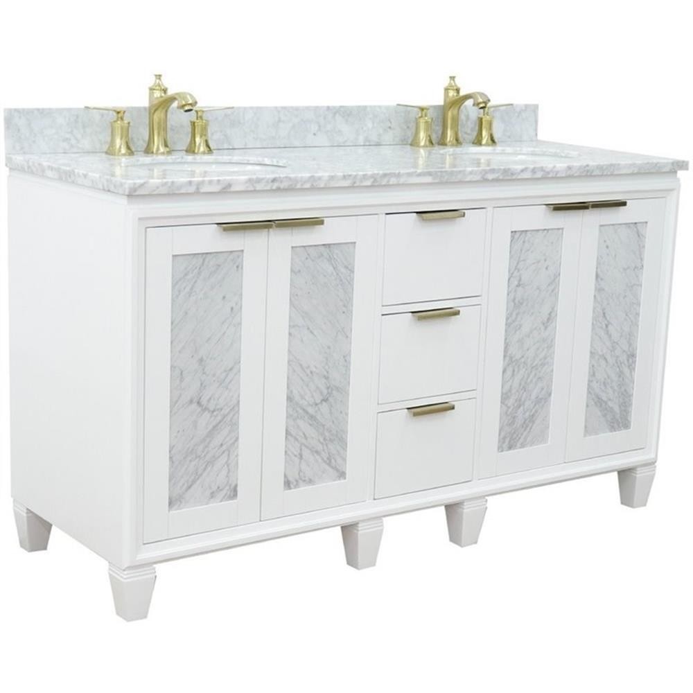 Pemberly Row 61″ Double Oval Sink Solid Wood Vanity in White/White Carrara