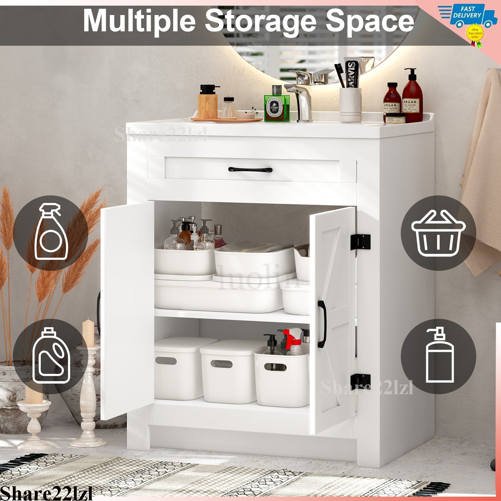 31″ Bathroom Vanity Single Cabinet White Freestanding Cabinets Storage WITH Sink