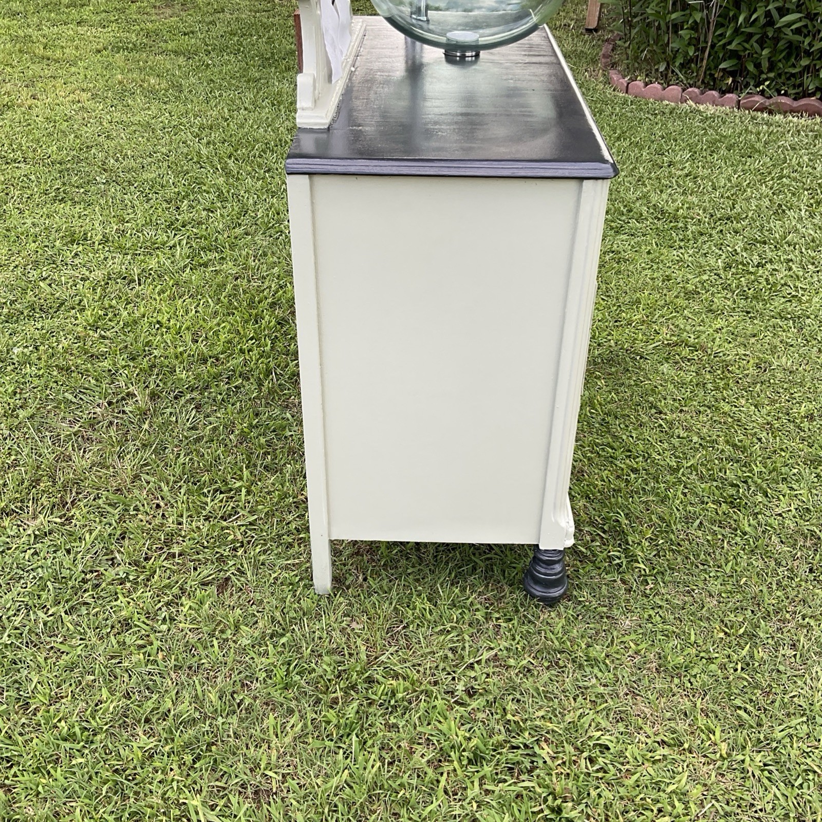 Green & Gray Dresser Repurposed Into Bathroom Vanity With Clear Glass Sink