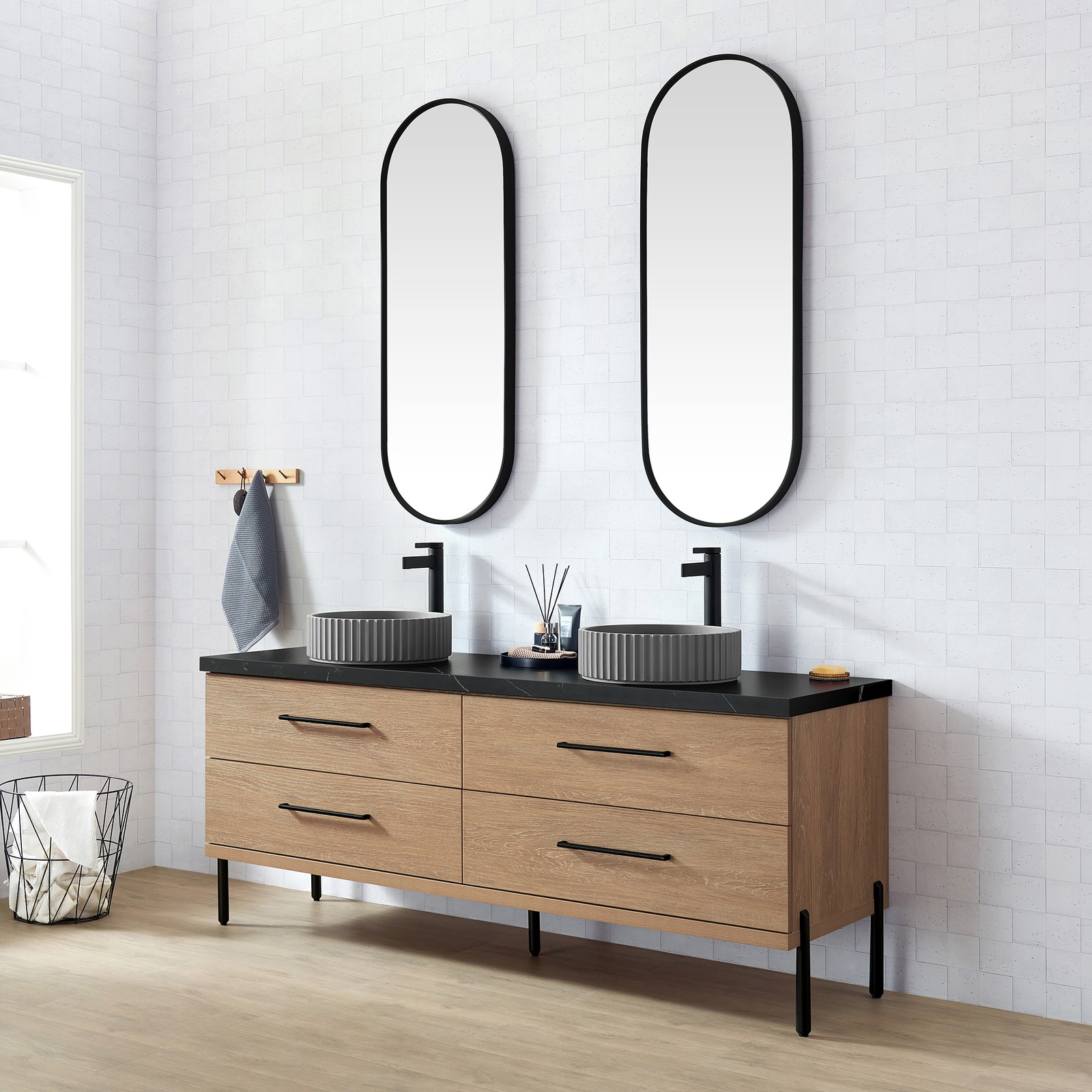 Trento 72″ Double Bath Vanity with Black Sintered Stone Top with Concrete Sink
