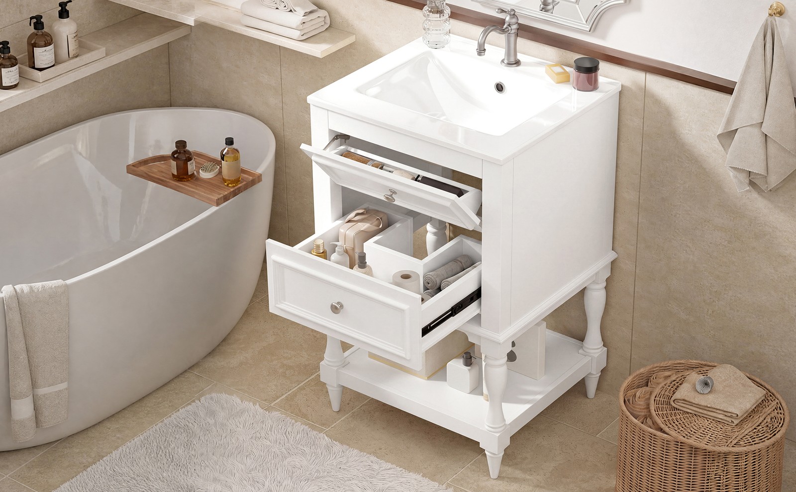 20″ Bathroom Vanity with Ceramic Sink, 2 Drawers & Open Shelf, Retro Design