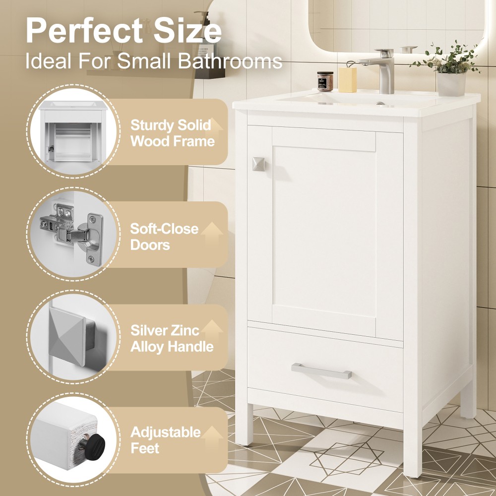 20″ Solid Wood Bath Vanity Ceramic Sink Soft Close Door Divider Drawer Storage
