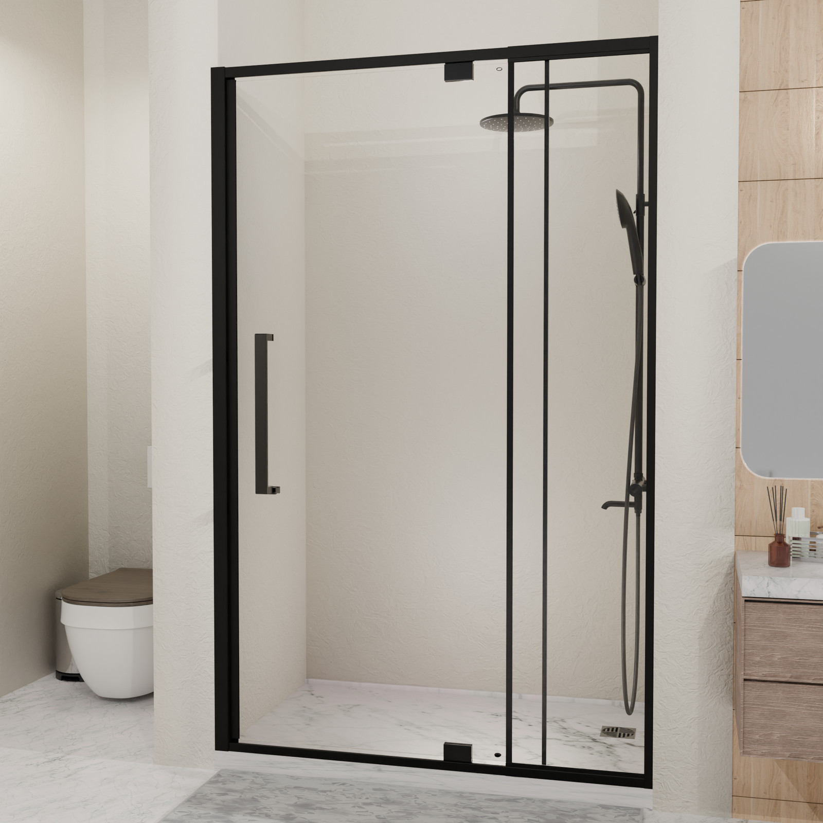 Semi-Frameless Pivot Hinged Shower Door 44-48″W x 72″H Matte Black