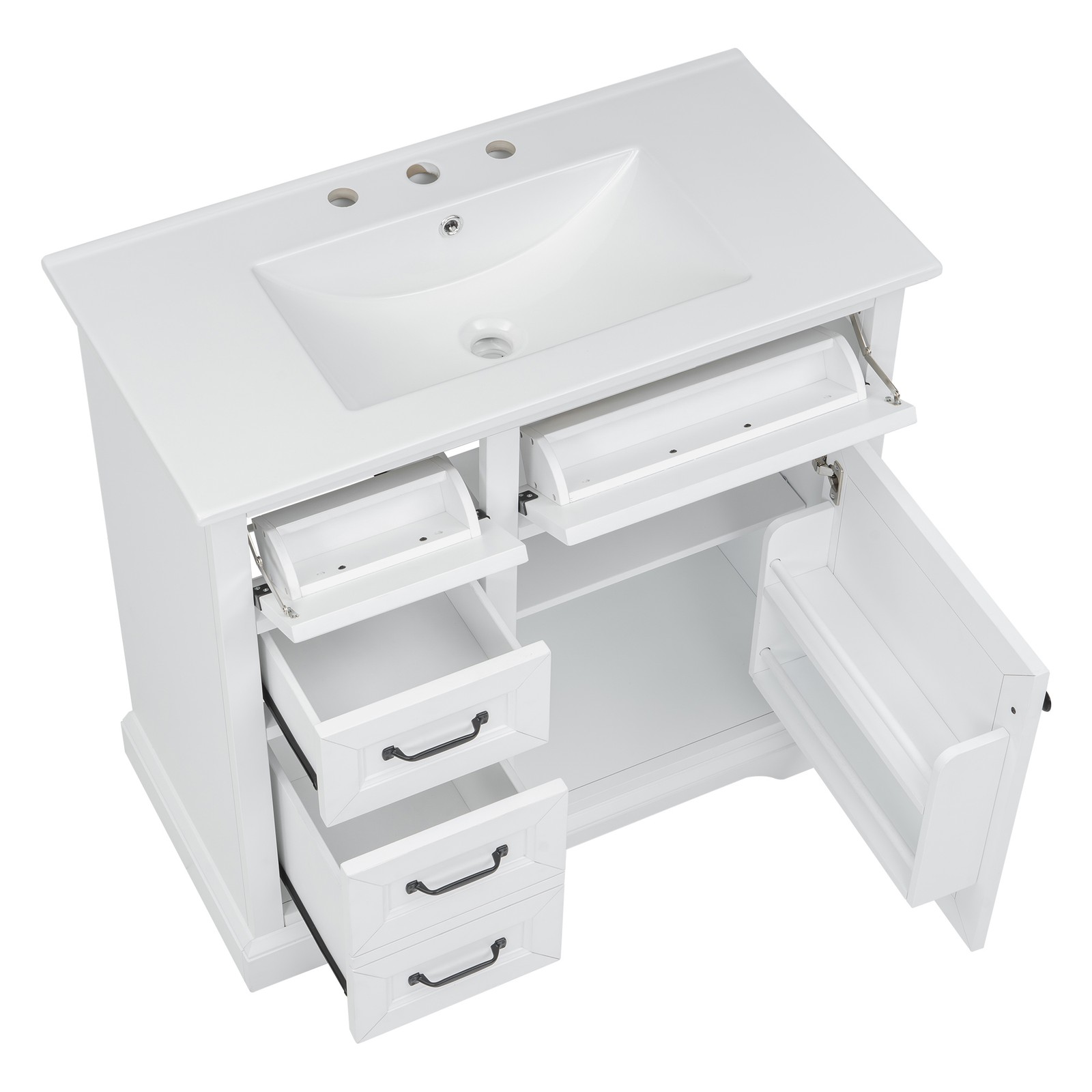 36″ Bathroom Vanity with Ceramic Sink Top, 4 Drawers & 1 Soft-Close Door