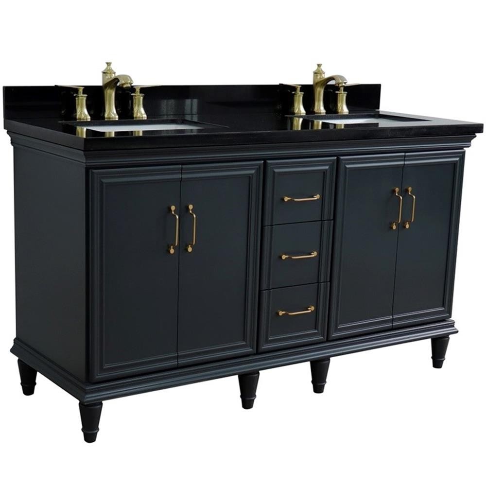 61 in. Double Wooden Vanity Dark Gray Black Galaxy Granite Rectangle Sink