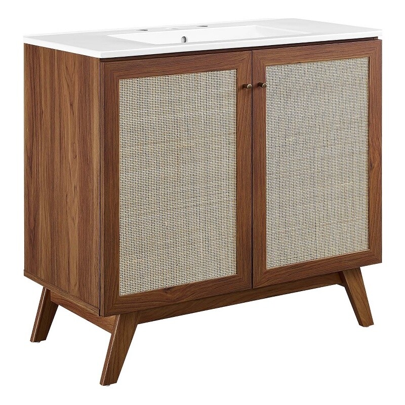 Modway Soma 36″ Modern Wood Bathroom Vanity with Rattan Door in Walnut/White