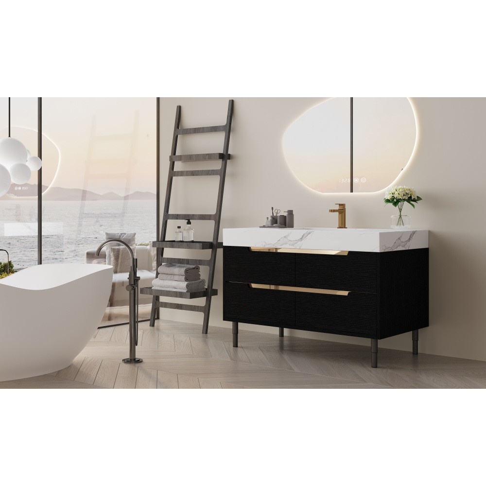 35.4″ Farmhouse Bathroom Vanity w/Sintered Stone Top，4 Drawers，Wall/Floor Mount