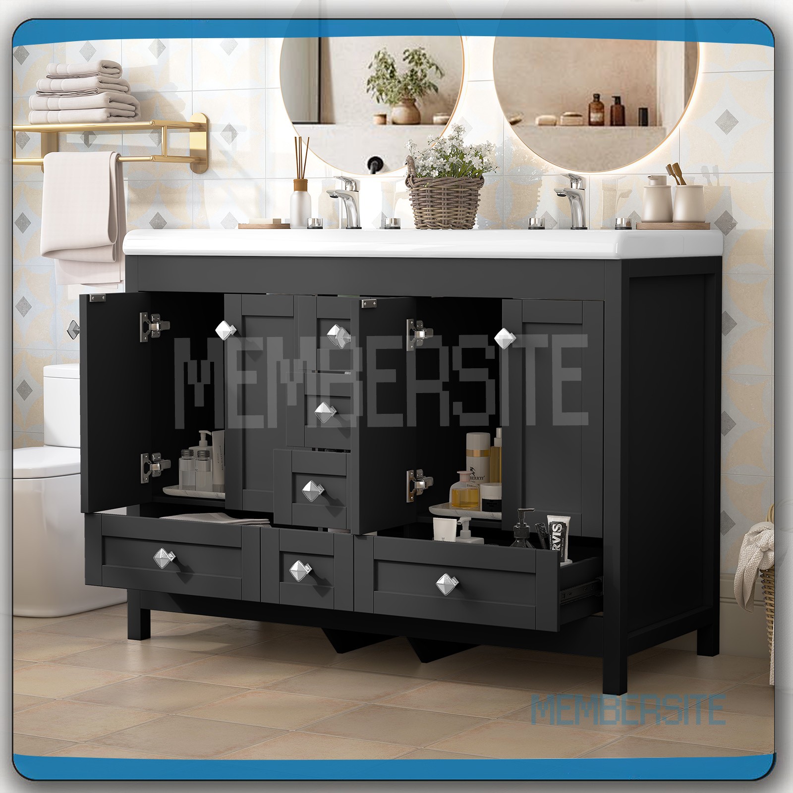 Black 47.3″ Bathroom Vanity Cabinet w/ 2 Ceramic Sinks Vanity Cabinet 6 Drawers