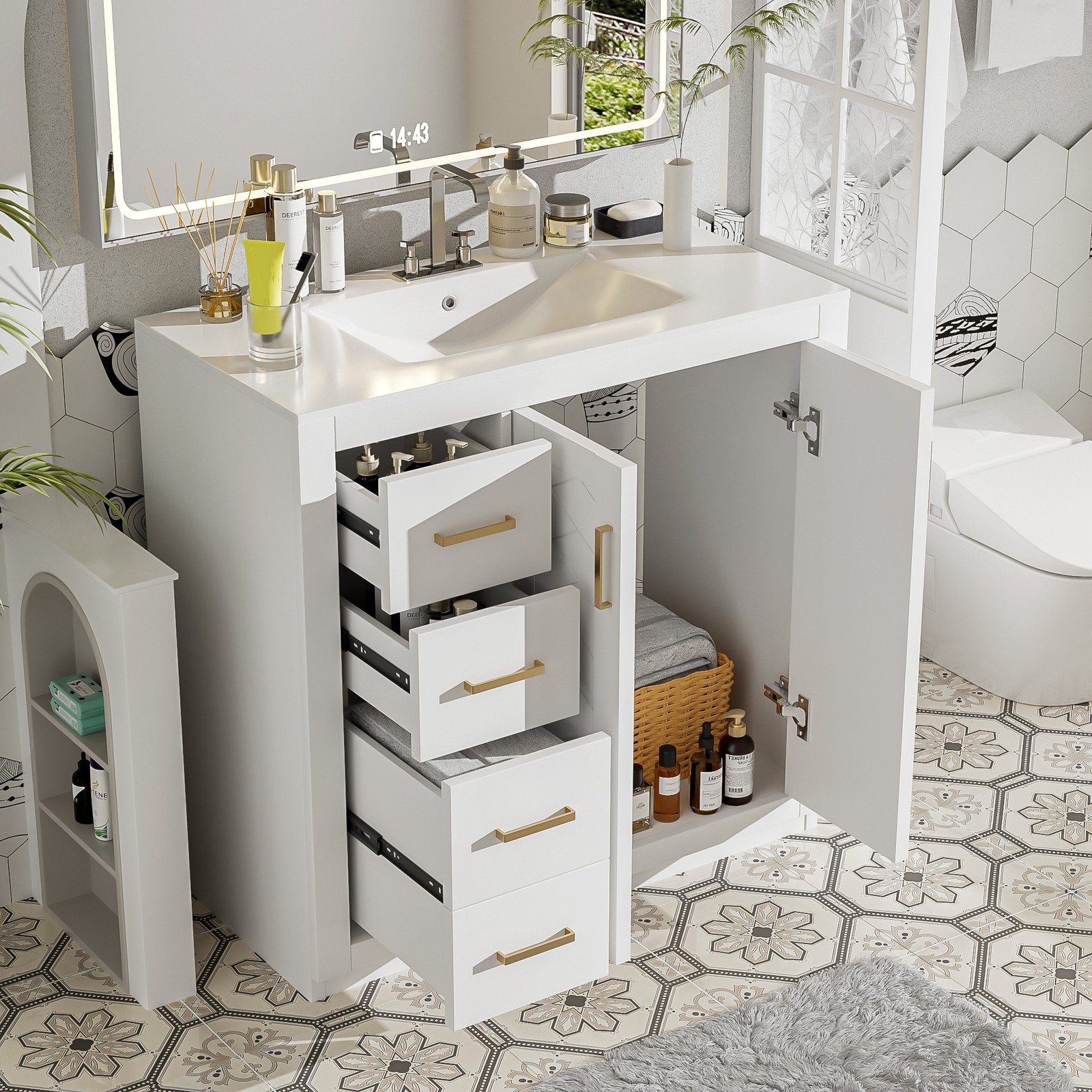 36″ Bathroom Vanity with Ceramic Sink, Solid Wood Frame, 3 Drawers & Doors