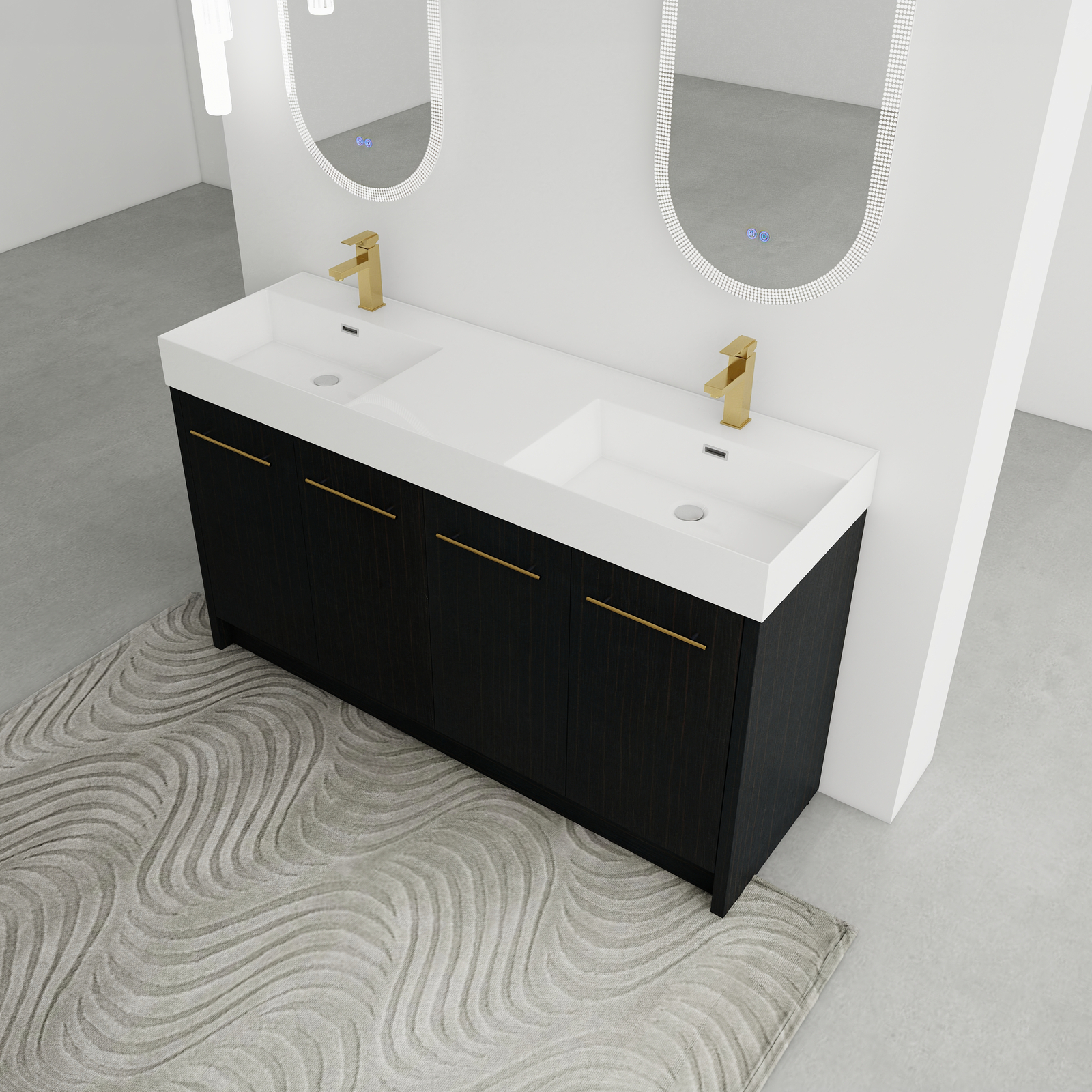 60 in Wood Freestanding Bathroom Vanity W/ Resin Double Sink Door Cabinet Black