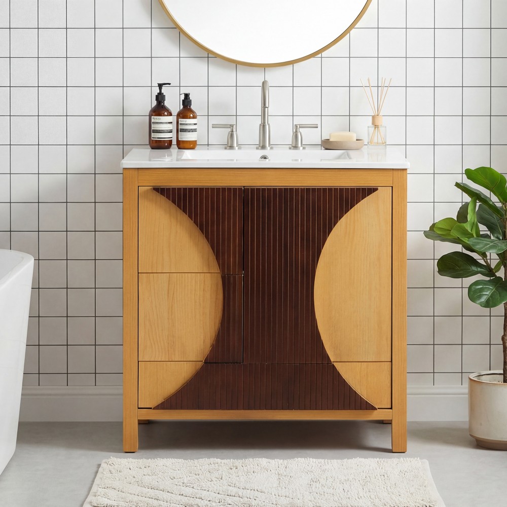 30 Inch Mid Century Freestanding Bathroom Vanity with Ceramic Sink Solid Wood