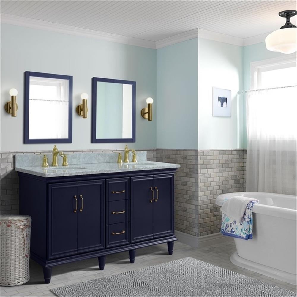 61 in. Double Wooden Vanity Blue White Carrara Marble Oval Sink