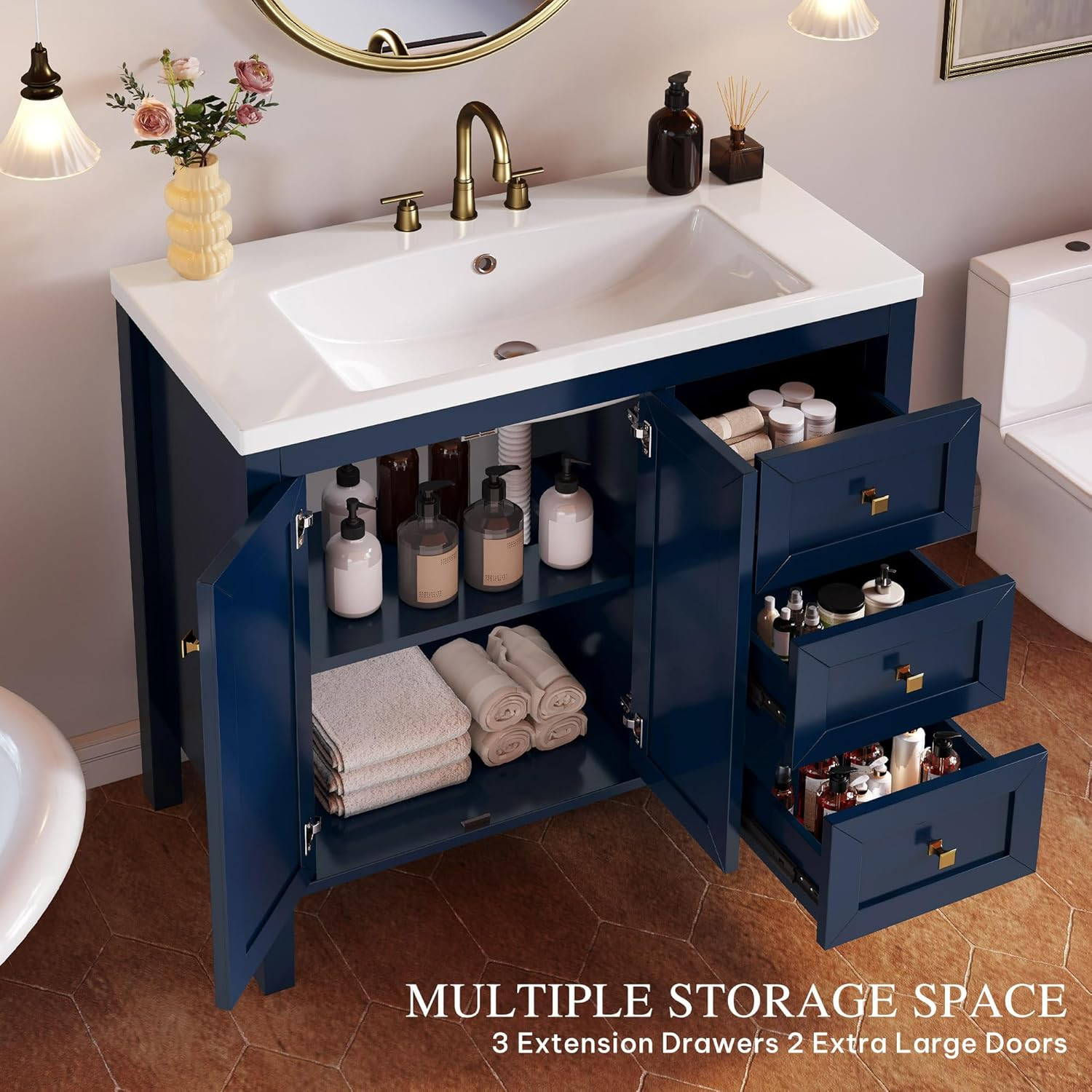 Navy Blue 36″ Vintage Bathroom Vanity with Sink, Soft-Closing Doors & Drawers