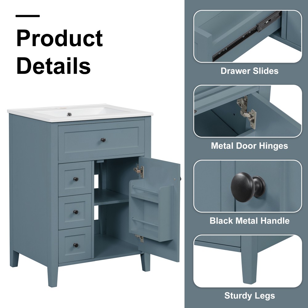 24 Inch Blue Gray Bathroom Vanity with Sink Solid Wood MDF Cabinet