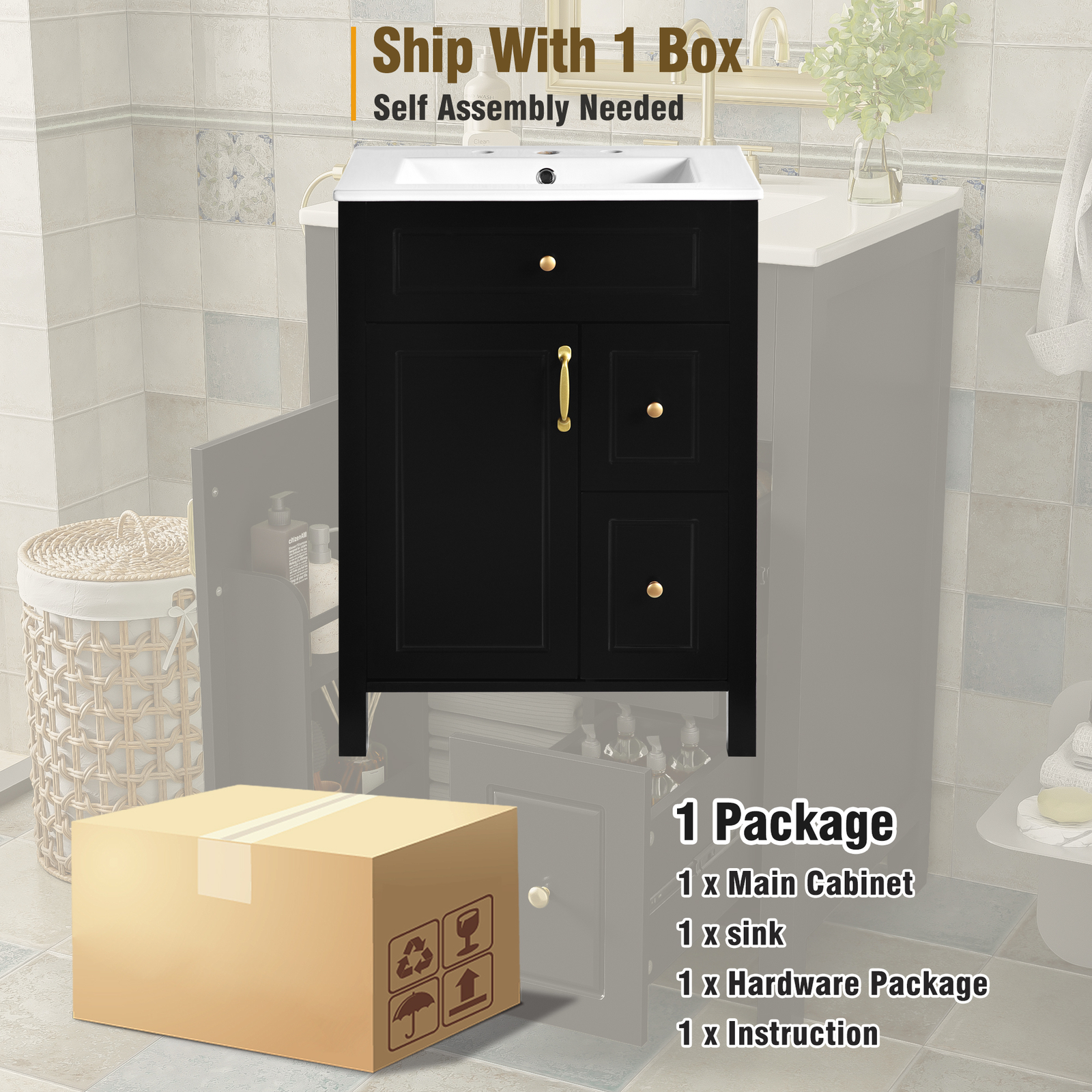 24Inch Bathroom Vanity Modern Bathroom Storage Cabinet with Ceramic Sink Black