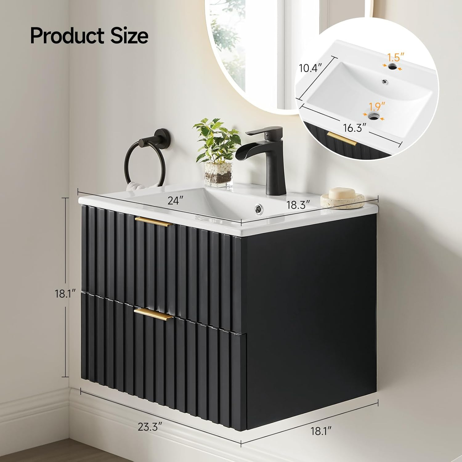 Bathroom Vanity with Sink, Wall Mounted Fluted Cabinet with 2 Golden Metal Handl