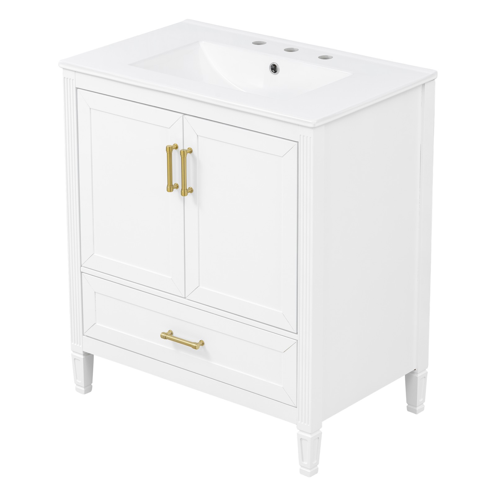 30″ White Fluted Bathroom Vanity with Ceramic Sink, Soft-Close