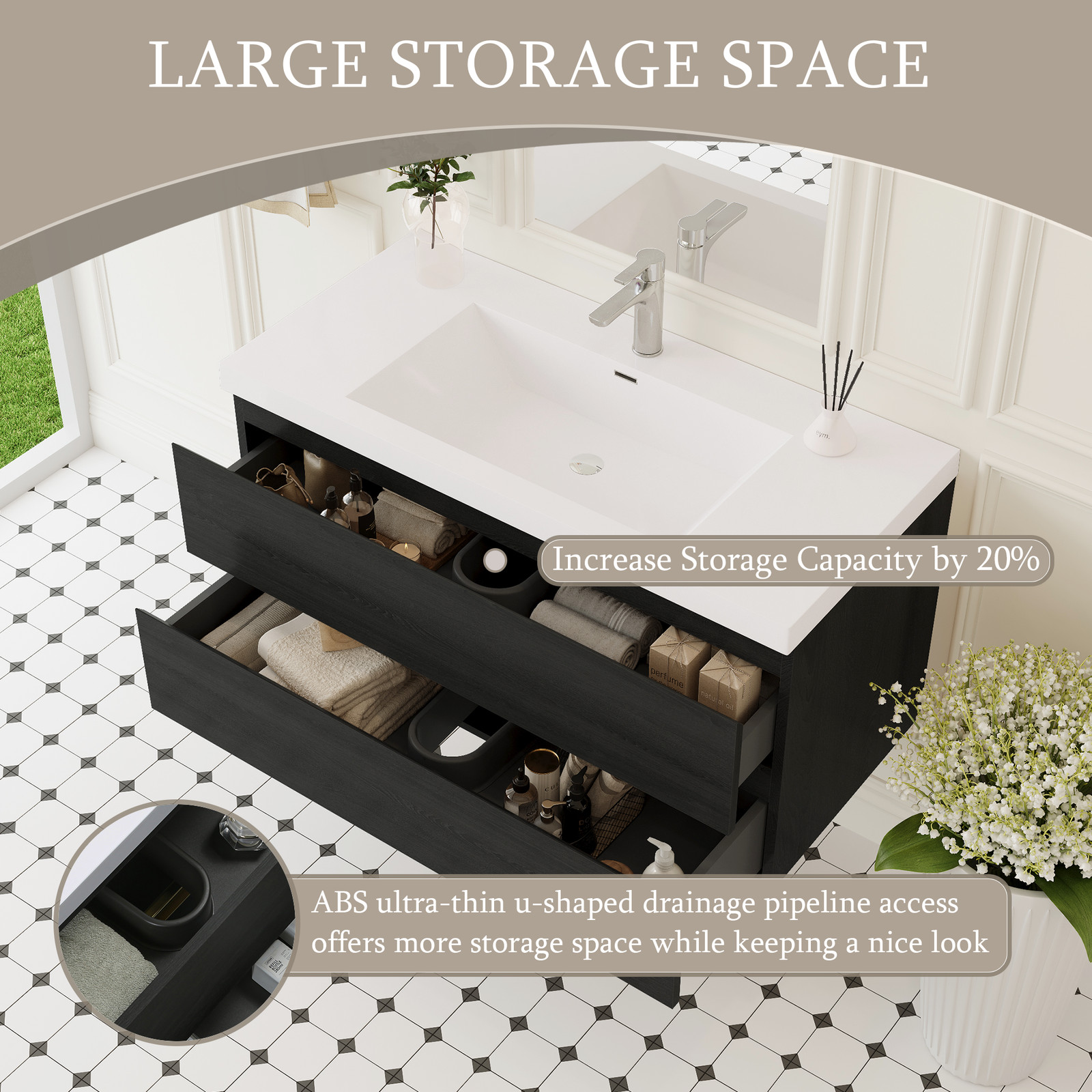 42″Floating Wall-Mounted Bathroom Vanity W/Sink Solid Surface Top Basin Espresso