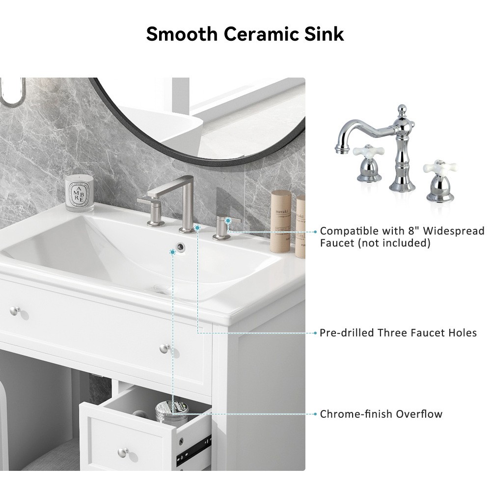 30 Inch White Bathroom Vanity with Ceramic Sink Top Solid Wood MDF Cabinet