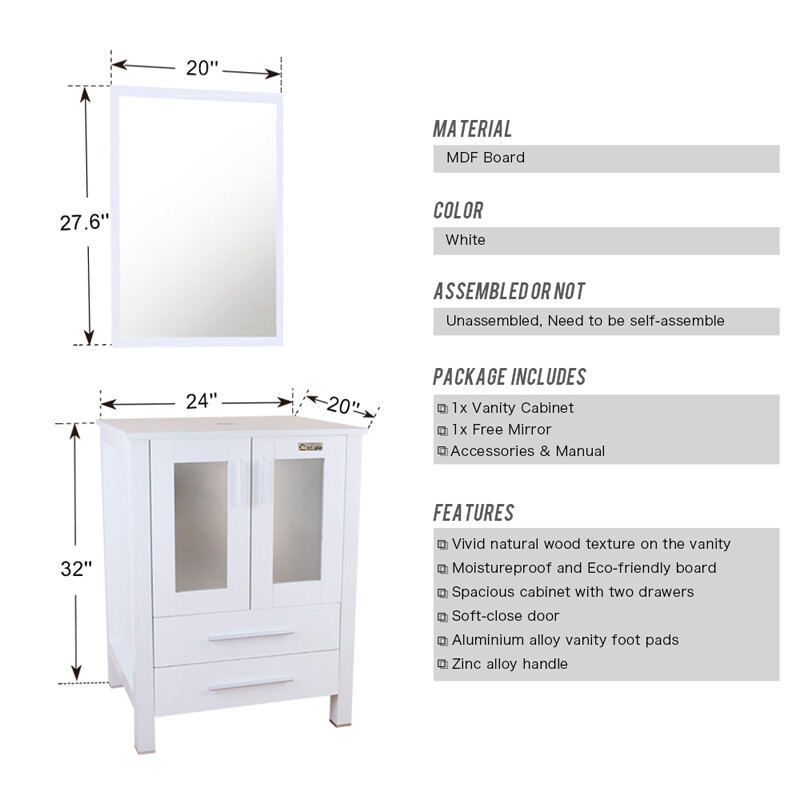 24″ White Bathroom Vanity Set Tempered Clear Glass Vessel Sink Combo No Mirror