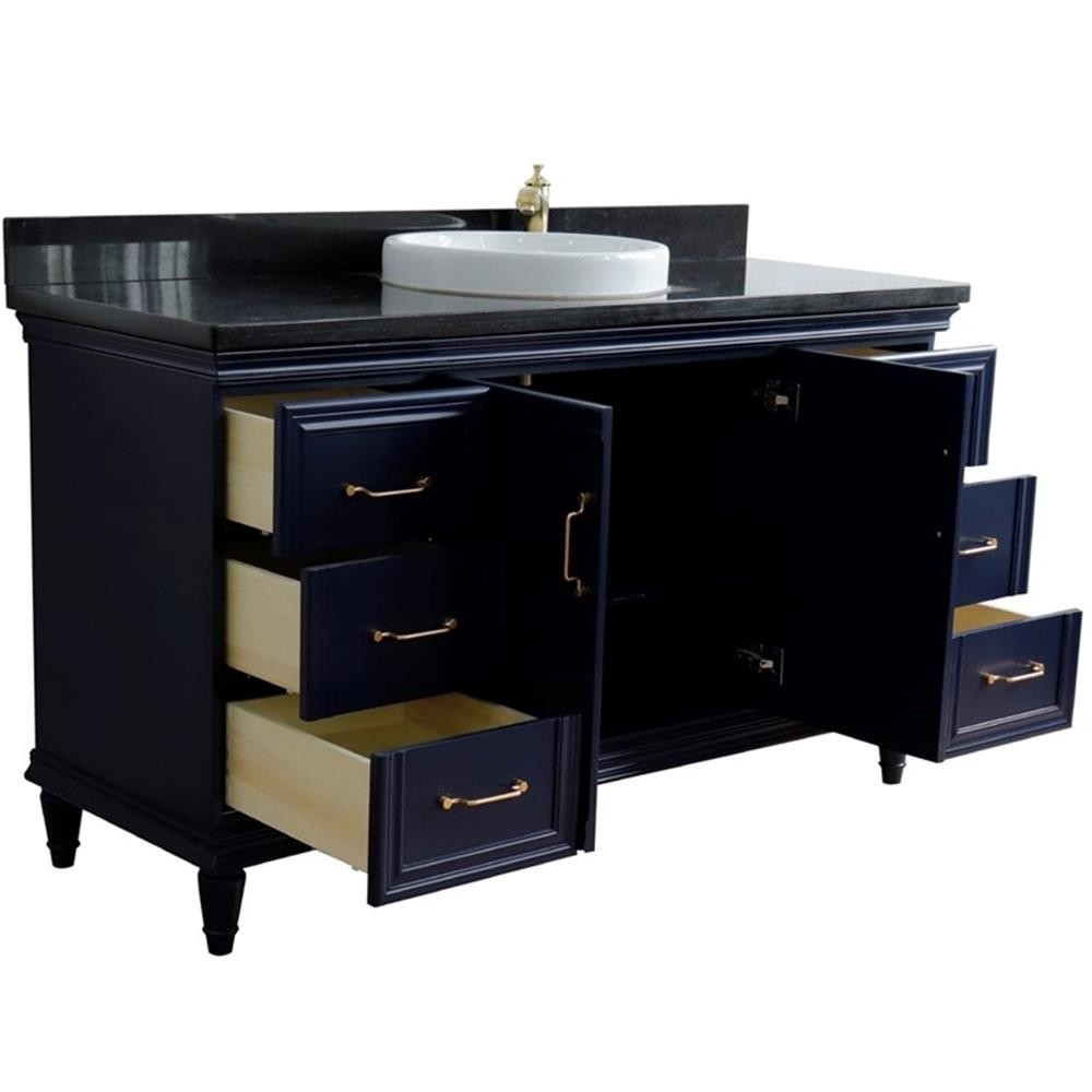 61 in. Single Wooden Vanity Blue Black Galaxy Granite Round Sink