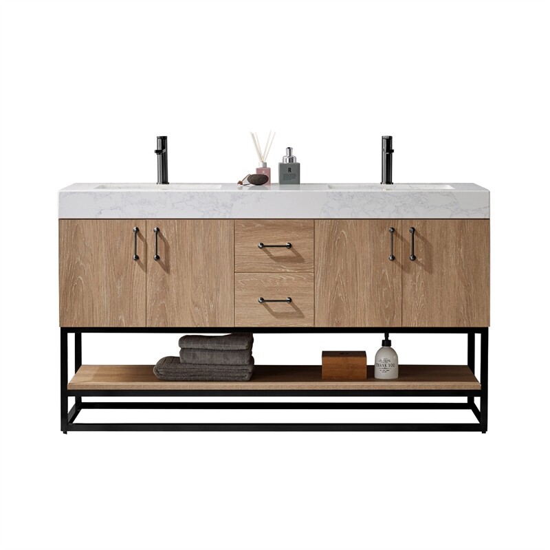 Vinnova Alistair 60″ White Stone Top Oak Double Vanity Black Frame w/o Mirror