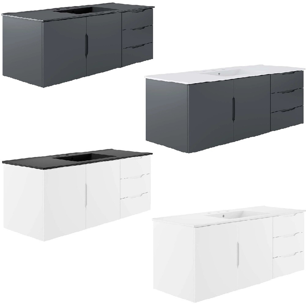 48″ Floating Bathroom Vanity Single Ceramic Sink Countertop Black White Gray