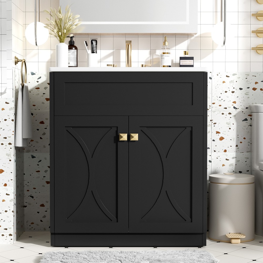 Bathroom Vanity W Ceramic Sink Combo Gold Handles