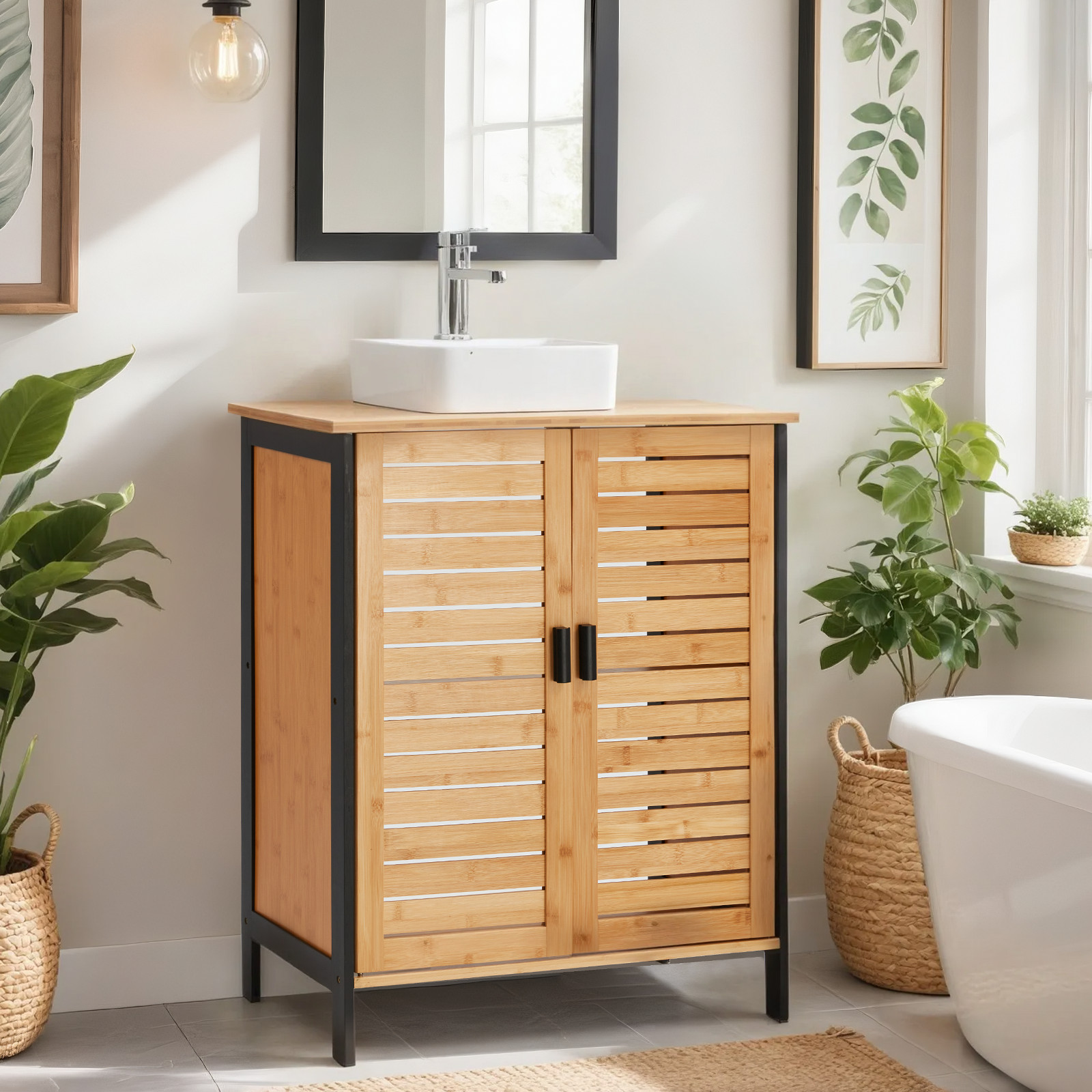 Danrelax 24″ Bamboo Under-Sink Vanity Cabinet Sliding Door & Adjustable Shelf