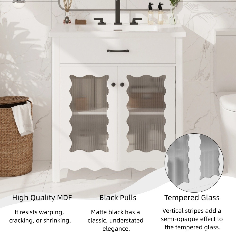 31″ Bathroom Vanity with Tempered Glass, Modern Cabinet with Rubber Wood legs