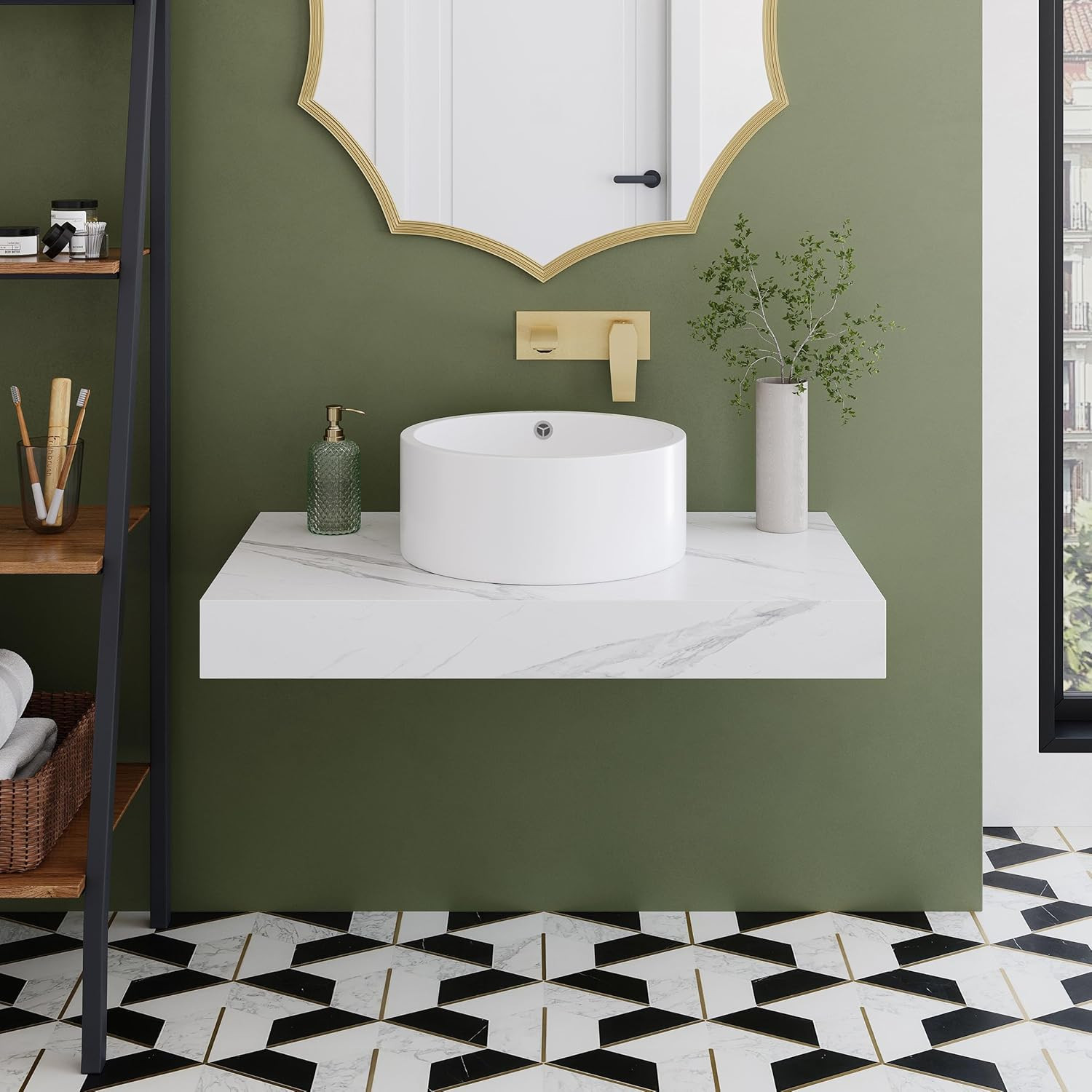 Monaco 36″ White Marble Floating Vanity with Vessel Sink for Bathroom