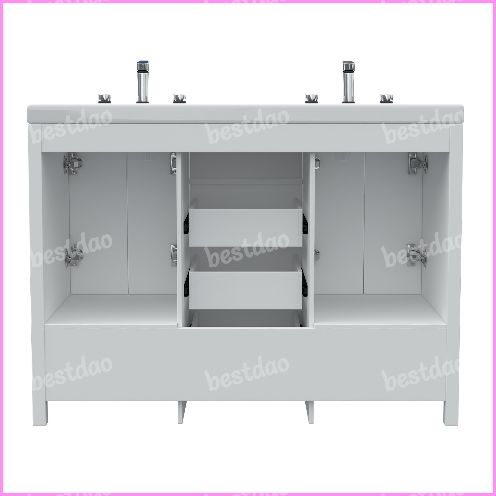 White 47″ Bathroom Vanity Storage Cabinet with Double Ceramic Sink Freestanding