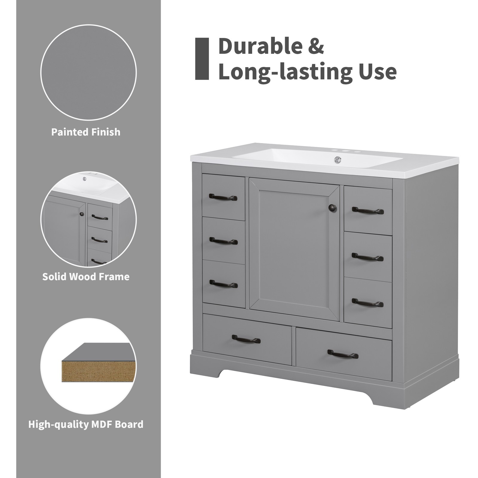 36″ Bathroom Vanity Base Only, 6 Drawers, Adjustable Shelf, Gray
