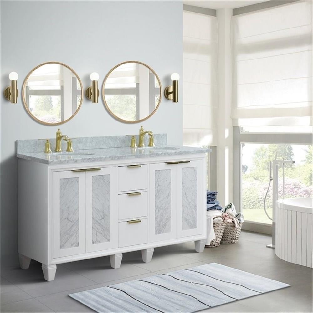 Pemberly Row 61″ Double Oval Sink Solid Wood Vanity in White/White Carrara
