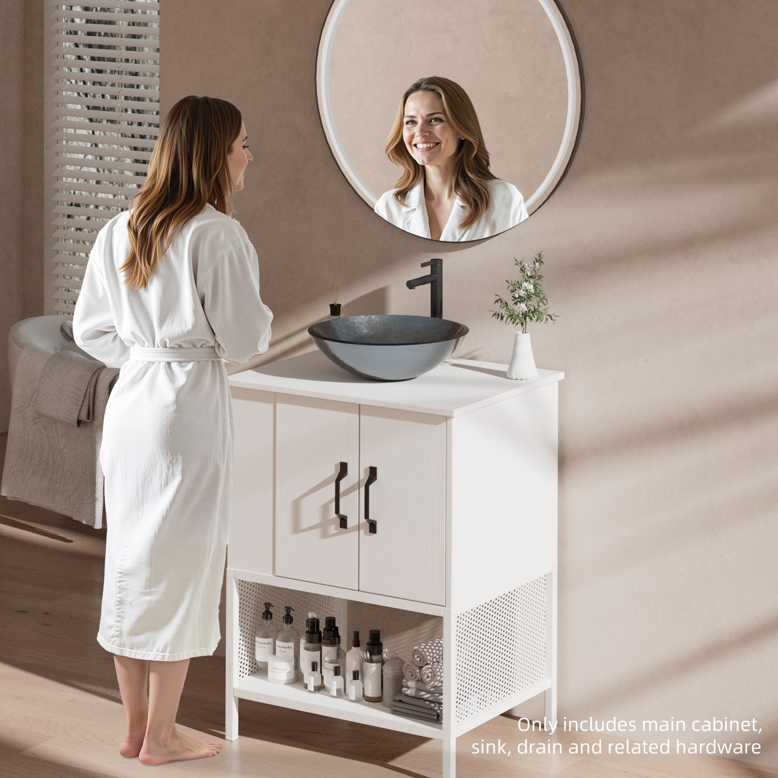 24″ Small Bathroom Vanity w/ Tempered Glass Sink Freestanding Cabinet Open Shelf