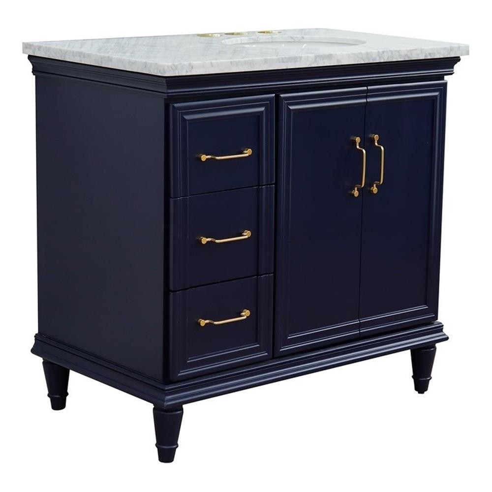 37 in. Single Wooden Vanity Blue White Carrara Oval Right Door.Right Sink